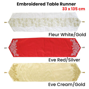 Eve Red Silver Embroidered Faux Silk Table Runner | 33 x 135 cm