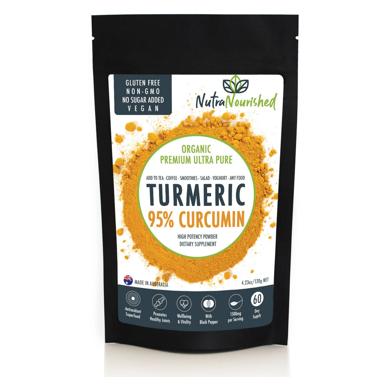 Pure Organic 95% Curcumin Powder - 1500mg Turmeric Extract (Buffered with Black Pepper)