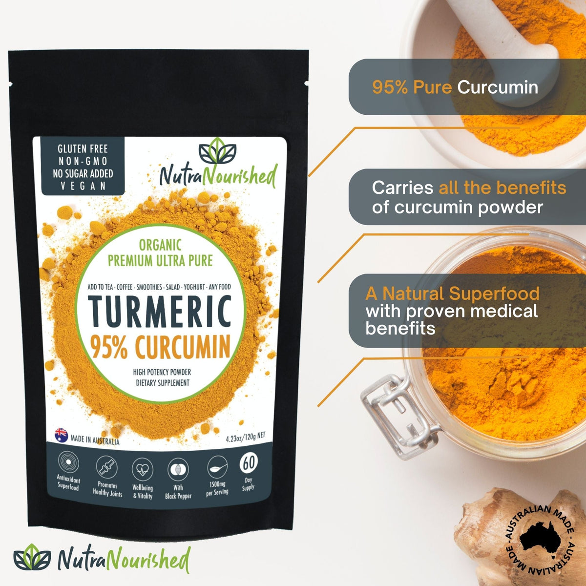 Pure Organic 95% Curcumin Powder - 1500mg Turmeric Extract (Buffered with Black Pepper)