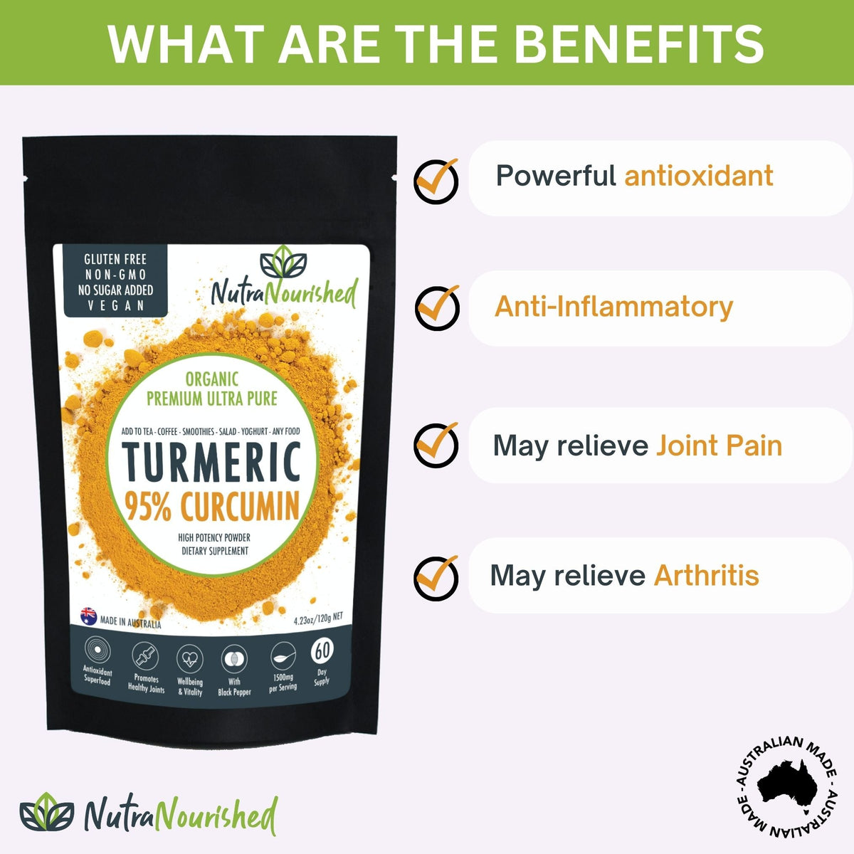 Pure Organic 95% Curcumin Powder - 1500mg Turmeric Extract (Buffered with Black Pepper)