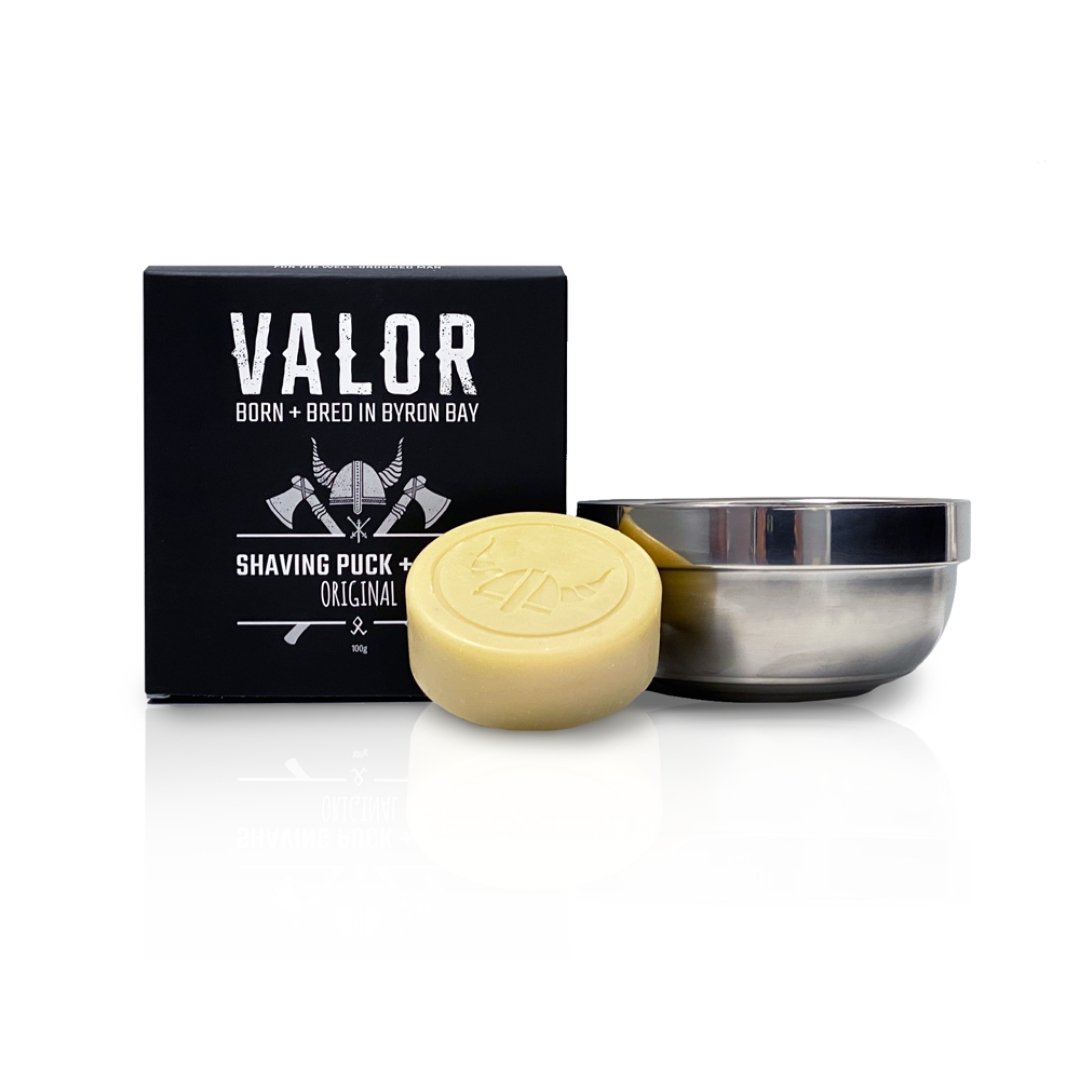 Shaving Soap Puck + Steel Bowl (Original Valor Scent)