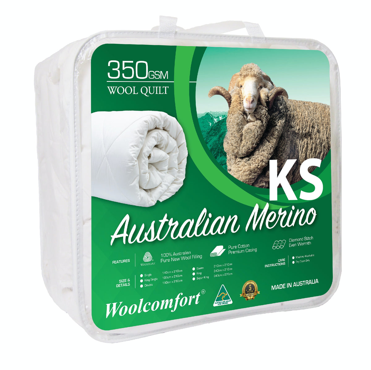 Woolcomfort Aus Made Merino Wool Quilt 350GSM - King Single Size