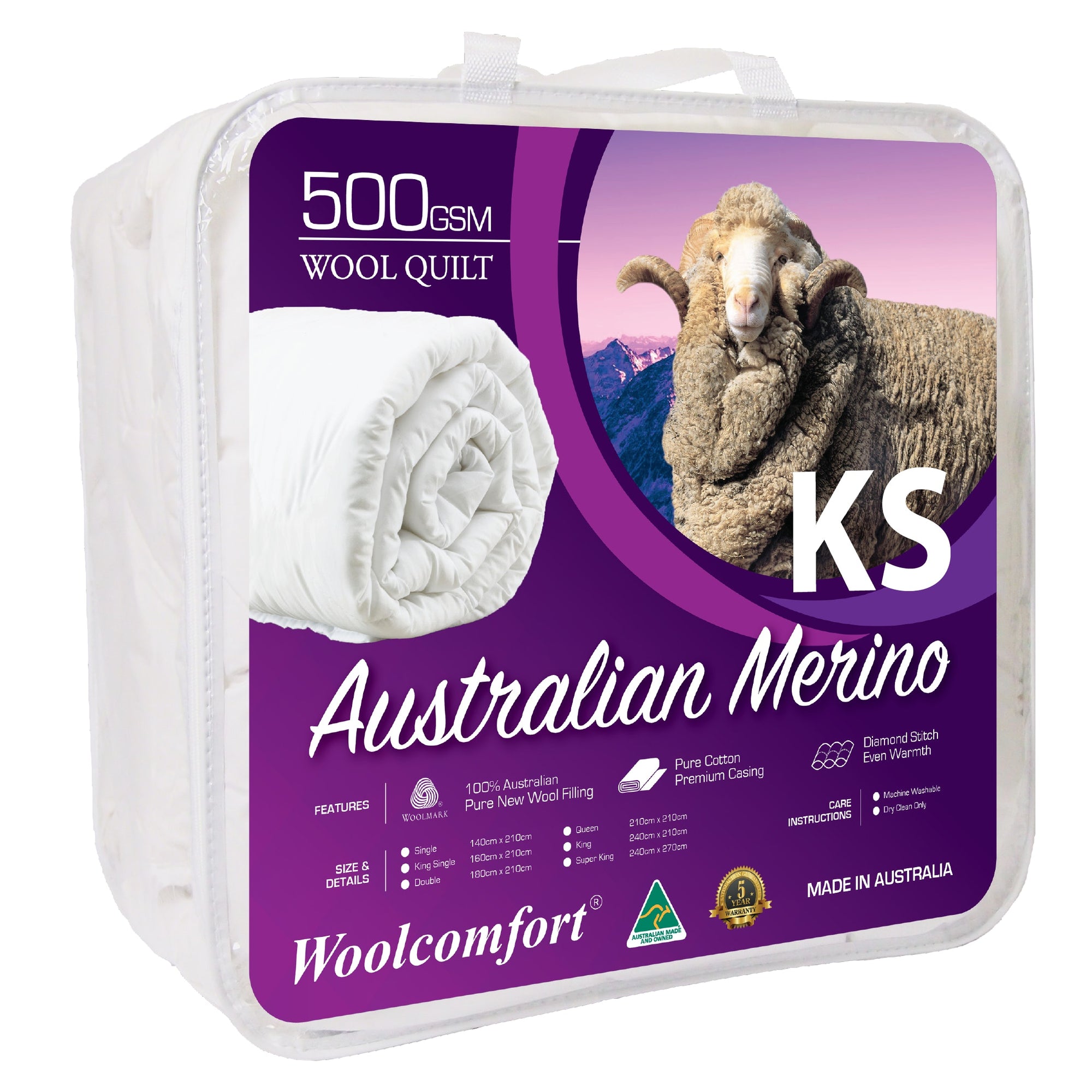 Woolcomfort Aus Made Merino Wool Quilt 500GSM - King Single Size (160x210cm)