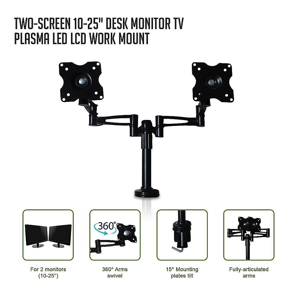 Two-Screen 10-25" Desk Monitor TV Plasma LED LCD Work Mount