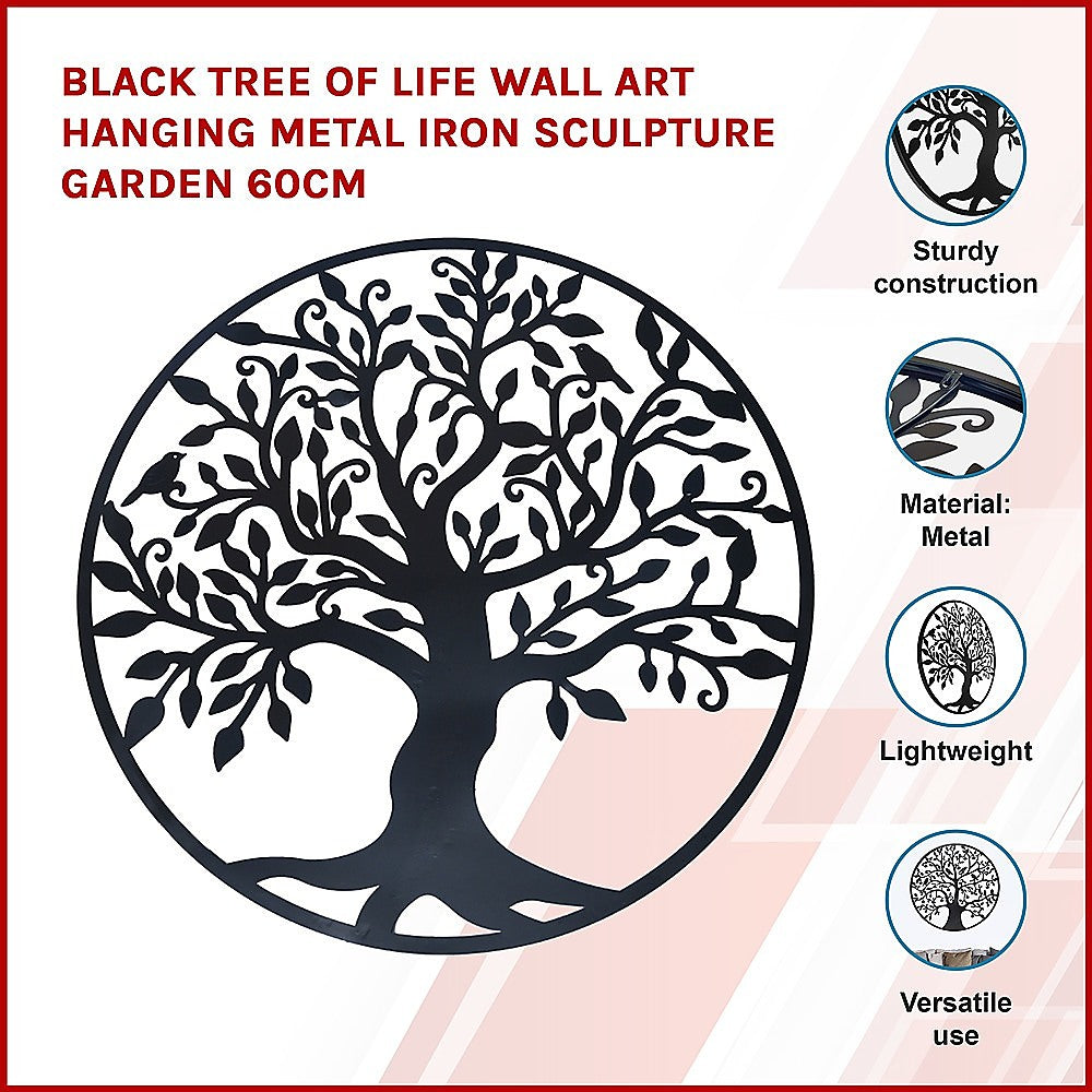 Black Tree of Life Wall Art | Hanging Metal Iron Sculpture Garden 60cm