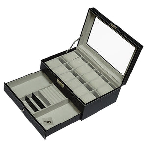 12 Grids Watch Display Case Leather jewellery Storage Box Organiser Lock Key