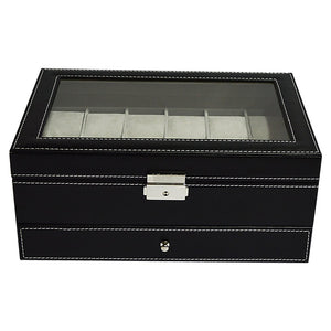 12 Grids Watch Display Case Leather jewellery Storage Box Organiser Lock Key