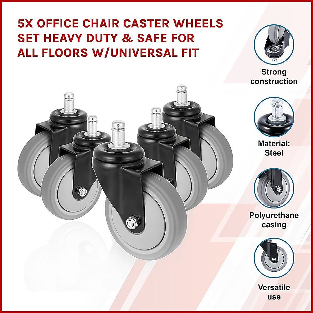 5 x Office Chair Caster Wheels Set Heavy Duty & Safe for All Floors w/Universal Fit
