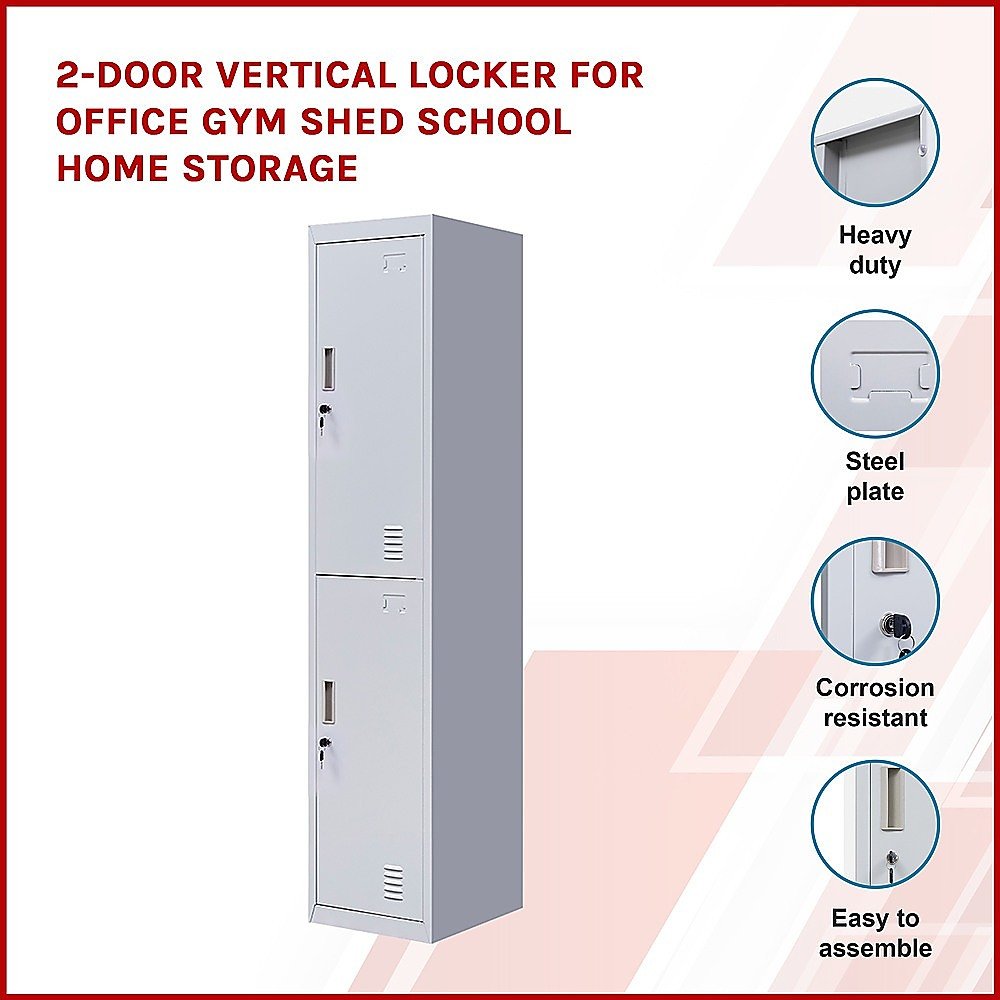 Standard Lock 2-Door Vertical Locker for Office Gym Shed School Home Storage Grey