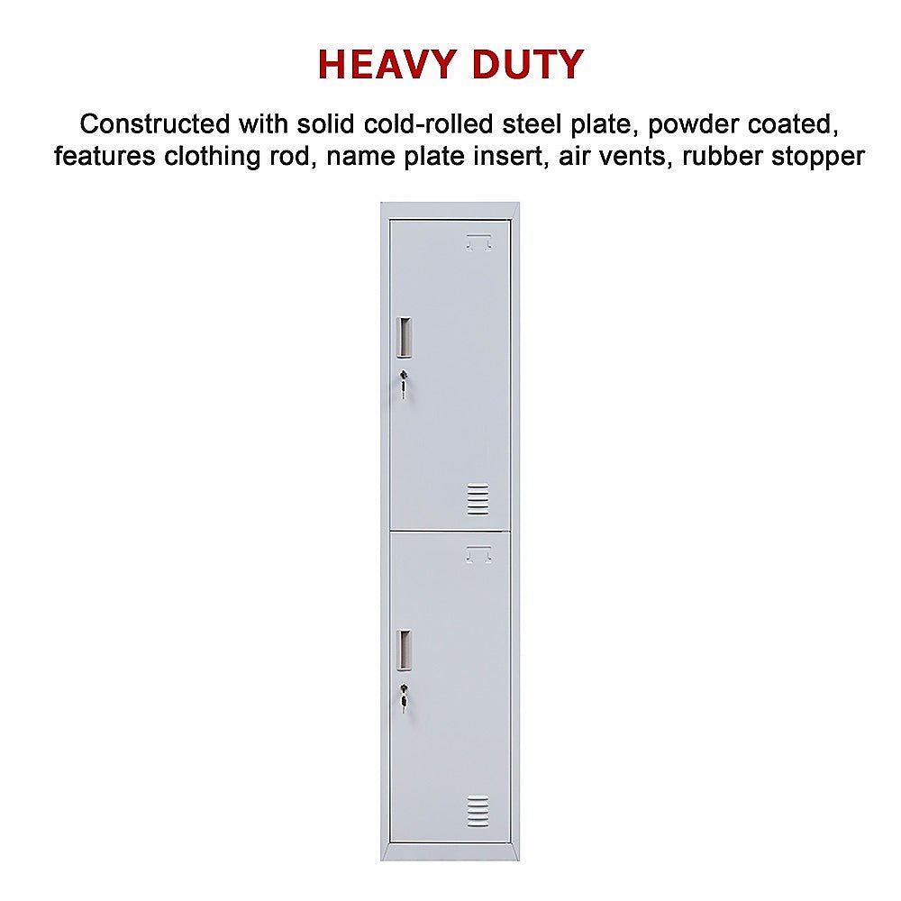 Standard Lock 2-Door Vertical Locker for Office Gym Shed School Home Storage Grey