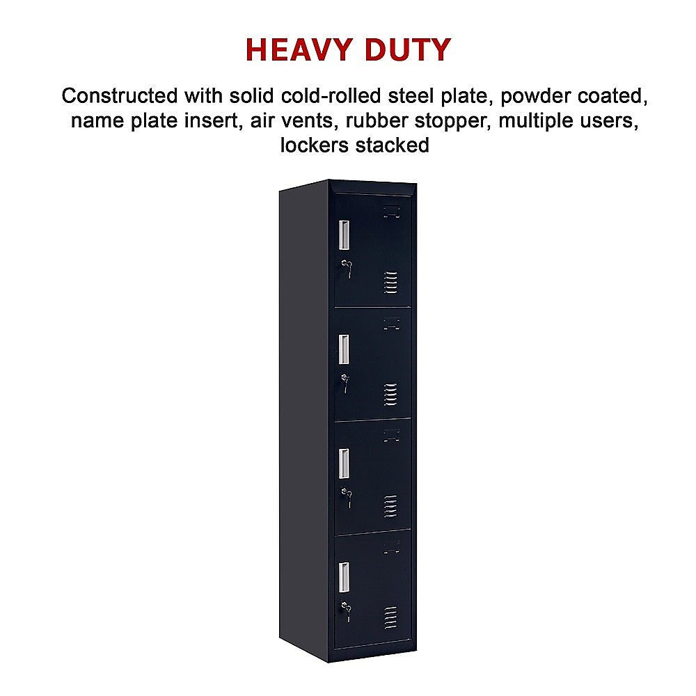 Standard Lock 4-Door Vertical Locker for Office Gym Shed School Home Storage Black