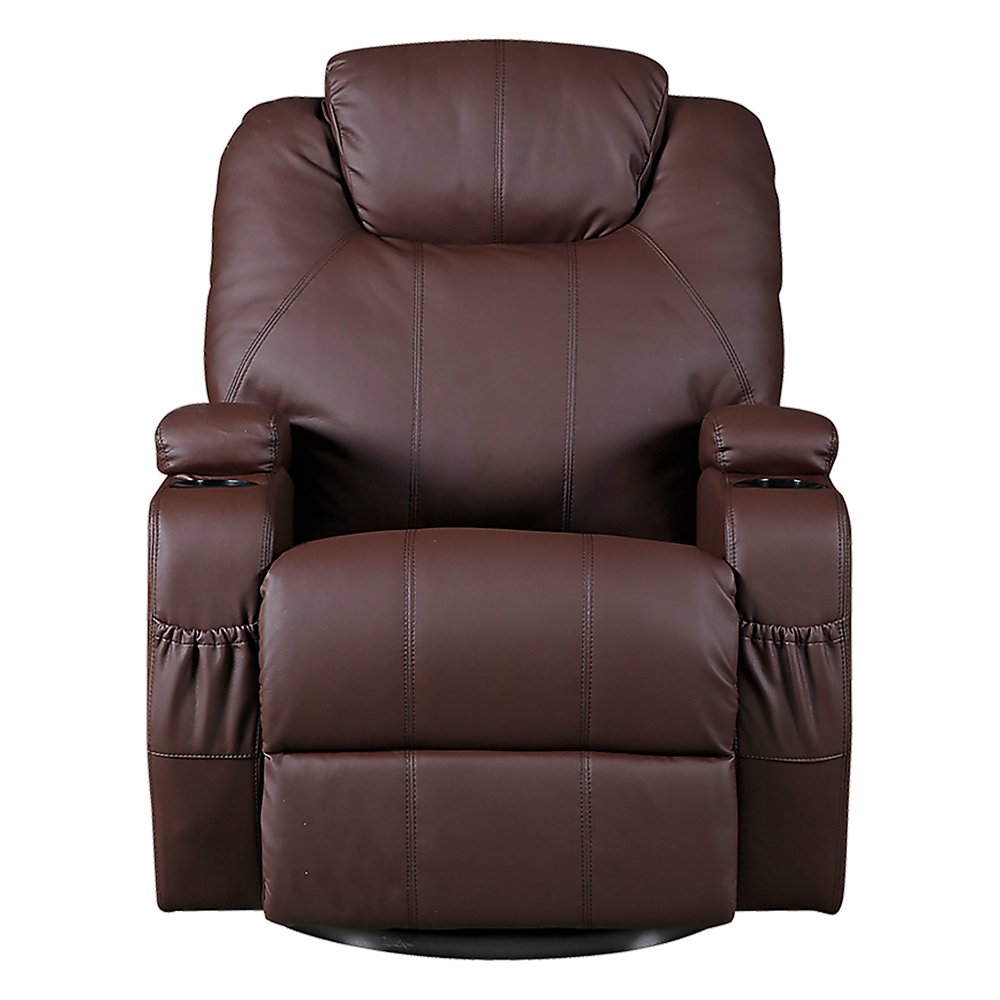 Brown Massage Sofa Chair Recliner 360 Degree Swivel PU Leather Lounge 8 Point Heated