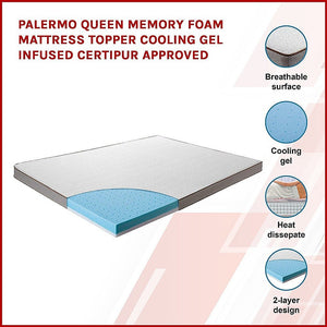Palermo Queen Memory Foam Mattress Topper Cooling Gel Infused CertiPUR Approved