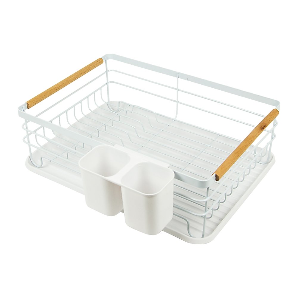Metal Dish Drying Rack Drainboard Holder Tray Kitchen Plates Cutlery Wood Handle