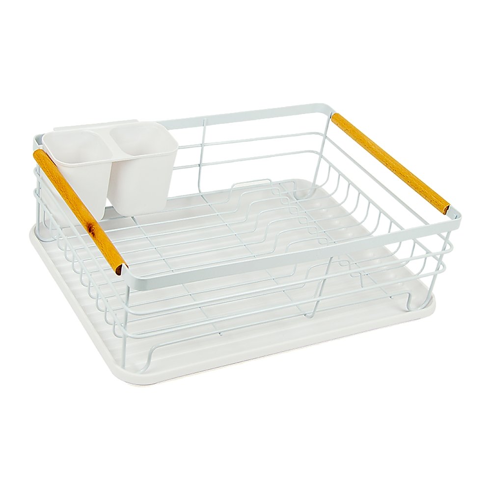 Metal Dish Drying Rack Drainboard Holder Tray Kitchen Plates Cutlery Wood Handle