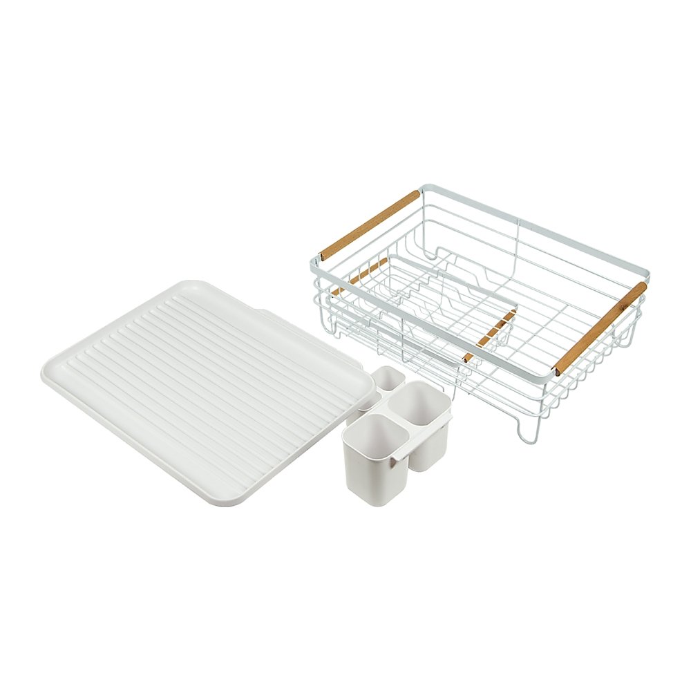 Metal Dish Drying Rack Drainboard Holder Tray Kitchen Plates Cutlery Wood Handle