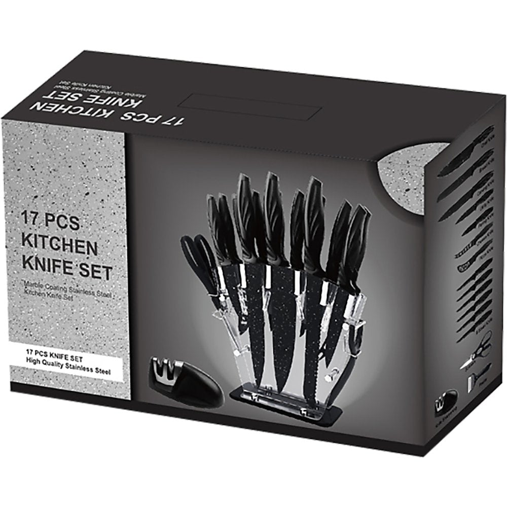 Kitchen 17 Pc Knife Set w/ Block & Sharpener Chef Bread Steak Knives