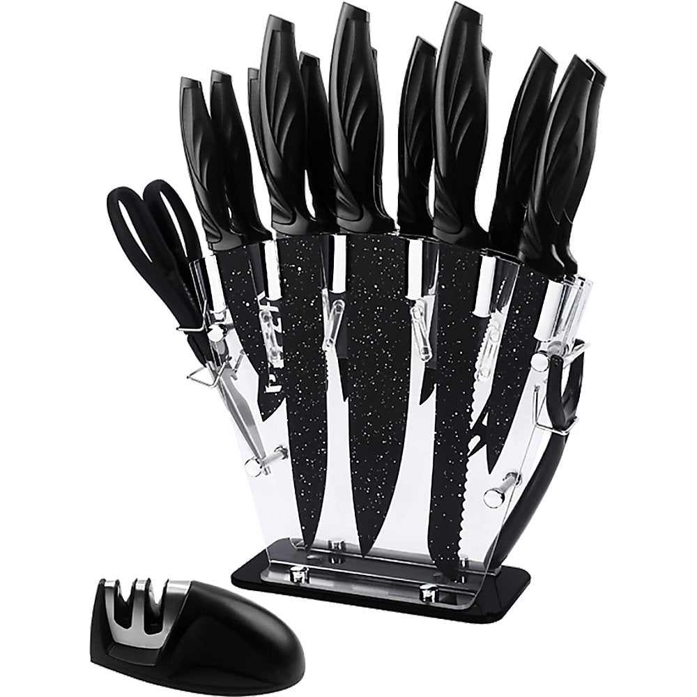 Kitchen 17 Pc Knife Set w/ Block & Sharpener Chef Bread Steak Knives