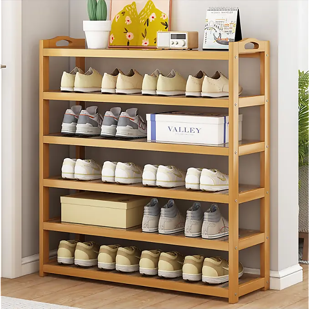 6 Layers Natural Wood Bamboo Shelf | Entryway Storage Shoe Rack | Home Furniture