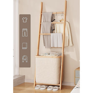 Wall Leaning Ladder Shelf with Laundry Basket - Towel Rack Included