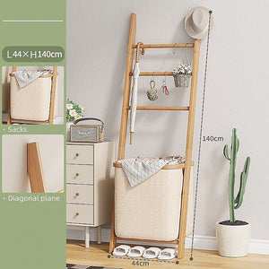 Wall Leaning Ladder Shelf with Laundry Basket - Towel Rack Included