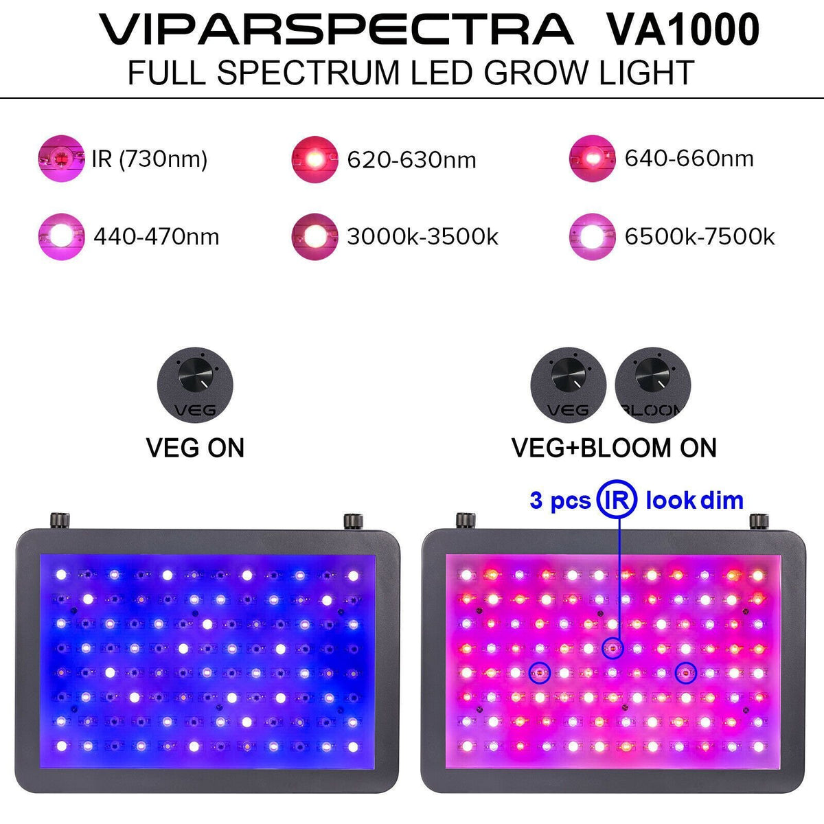 Viparspectra 1000W LED Grow Light - 10W Dual Chips - VA1000