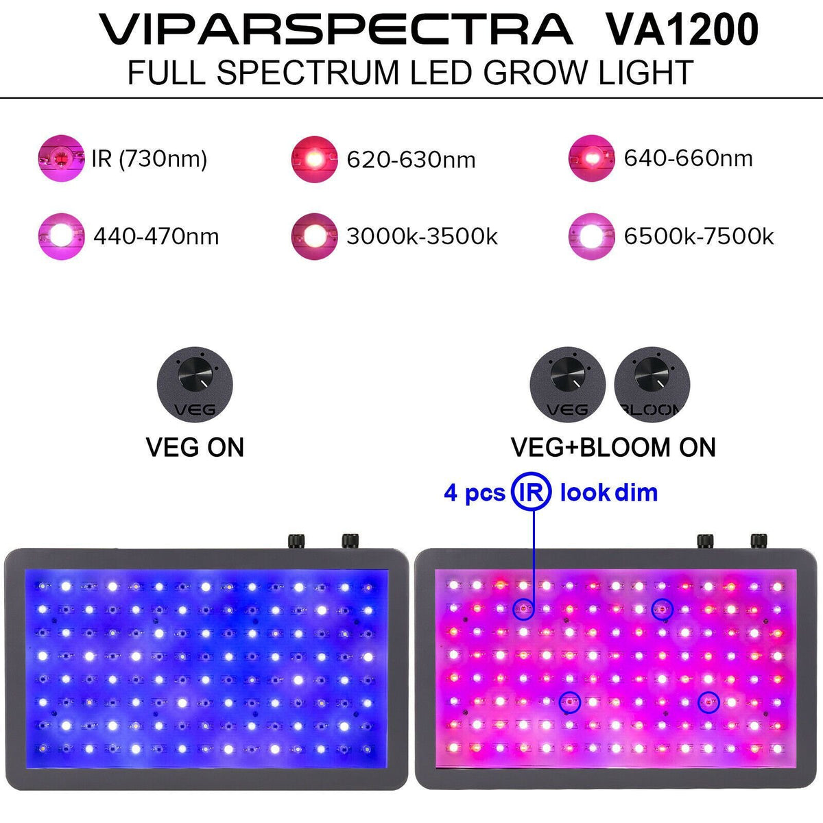 Viparspectra 1200W LED Grow Light - 10W Dual Chips - VA1200