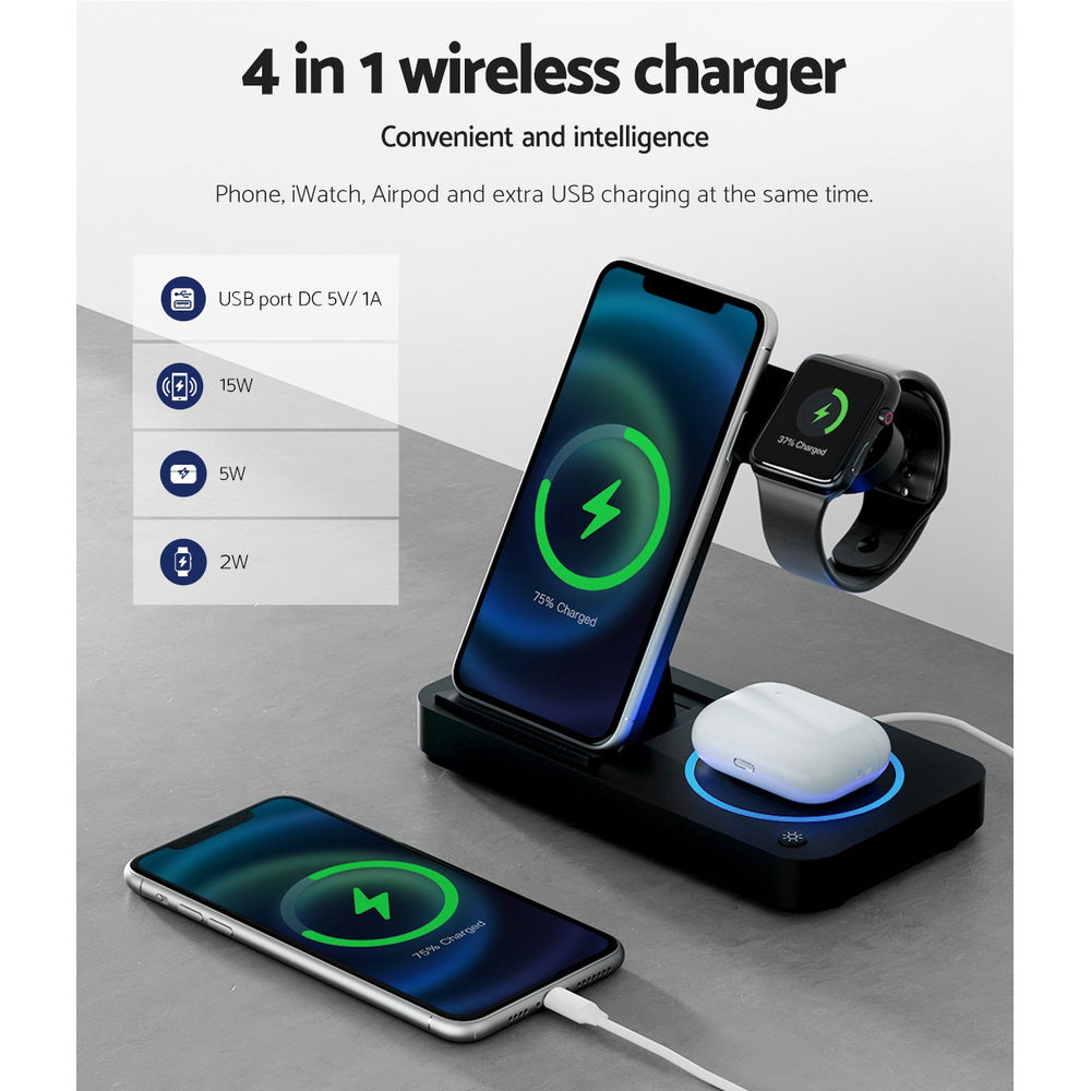 Devanti 4-in-1 Wireless Charger Station Fast Charging for Phone | Black