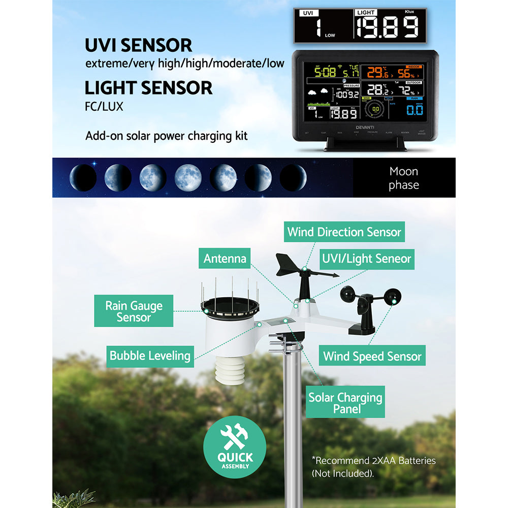 Devanti Weather Station Indoor Outdoor Wireless WiFi | Professional Solar Sensor Weather Station