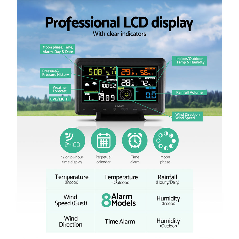 Devanti Weather Station Indoor Outdoor Wireless WiFi | Professional Solar Sensor Weather Station