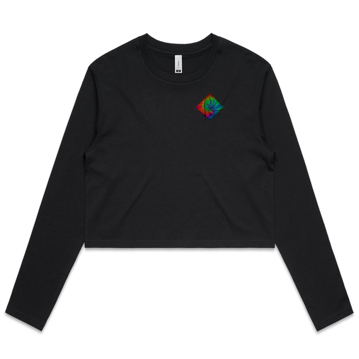 Women's Long Sleeve Crop Tee With Tie Dye Hippie House Pocket Print