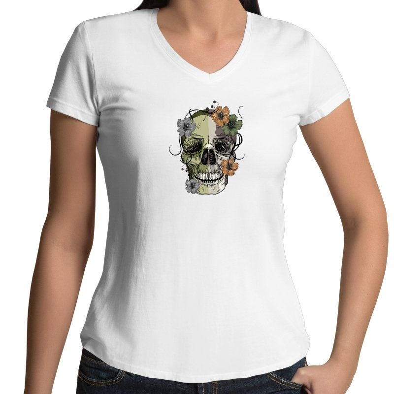 Women's White Skull & Flowers V-neck T-shirt
