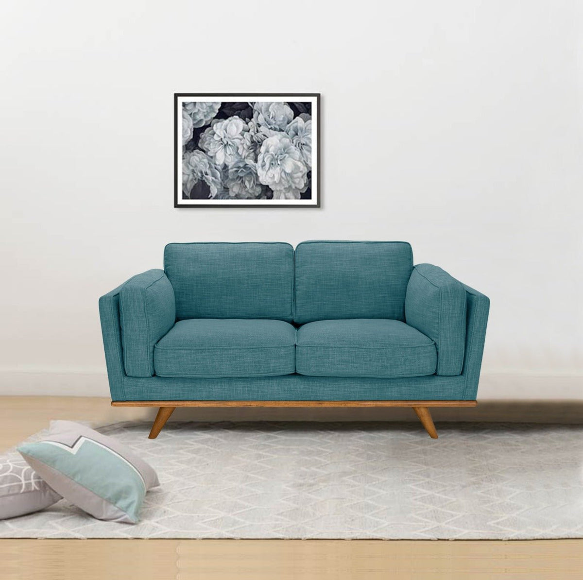Teal Fabric 2 Seater Sofa Lounge With Wooden Frame -