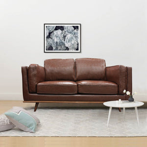 Modern Brown 2 Seater Faux Leather Sofa With Wooden Frame