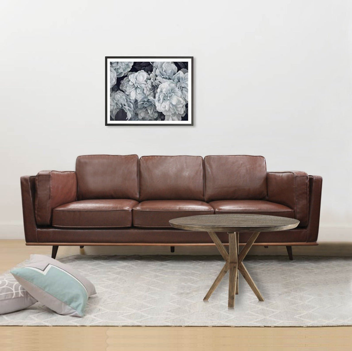 Brown 3 Seater Faux Sofa Lounge / Couch With Wooden Frame